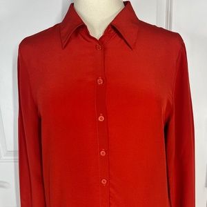 Jones New York,  Size 10,  100% Red Silk Blouse, Button Down, Cuffed Wrist